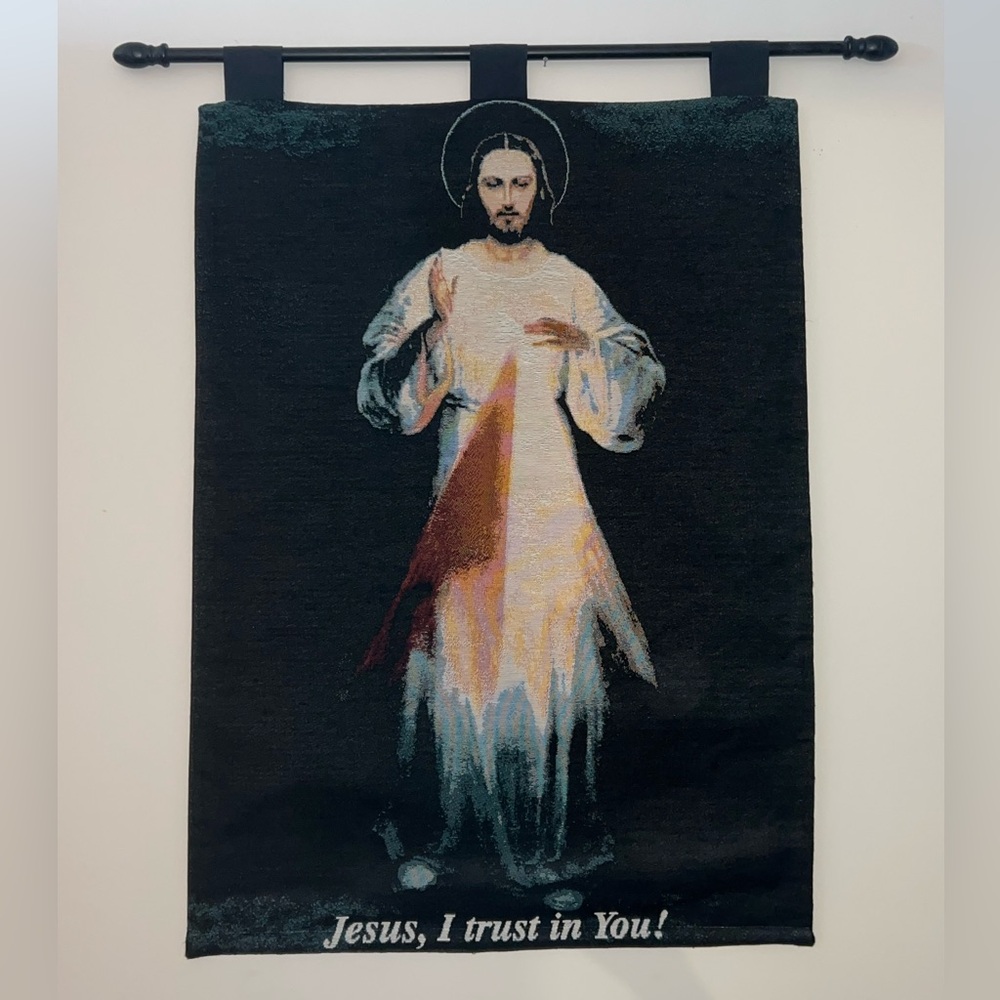 NWT Divine Mercy Jesus I Trust In You Catholic Woven Tapestry Wall Hanging 26x36